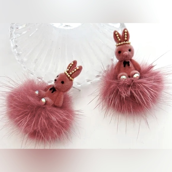 Dark Salmon Flock, Faux Fur & Crystal Bunny Rabbit Stud Dangle Earrings - Picture 3 of 3